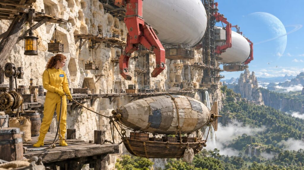 Giant airships held by red mechanical docking arms while a crew member holds a tiny patched airship with a rope because no arm fits it