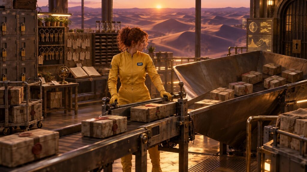 Guide rails set to a narrow gap while the chute beyond them flares wide and the crates spread past the setting