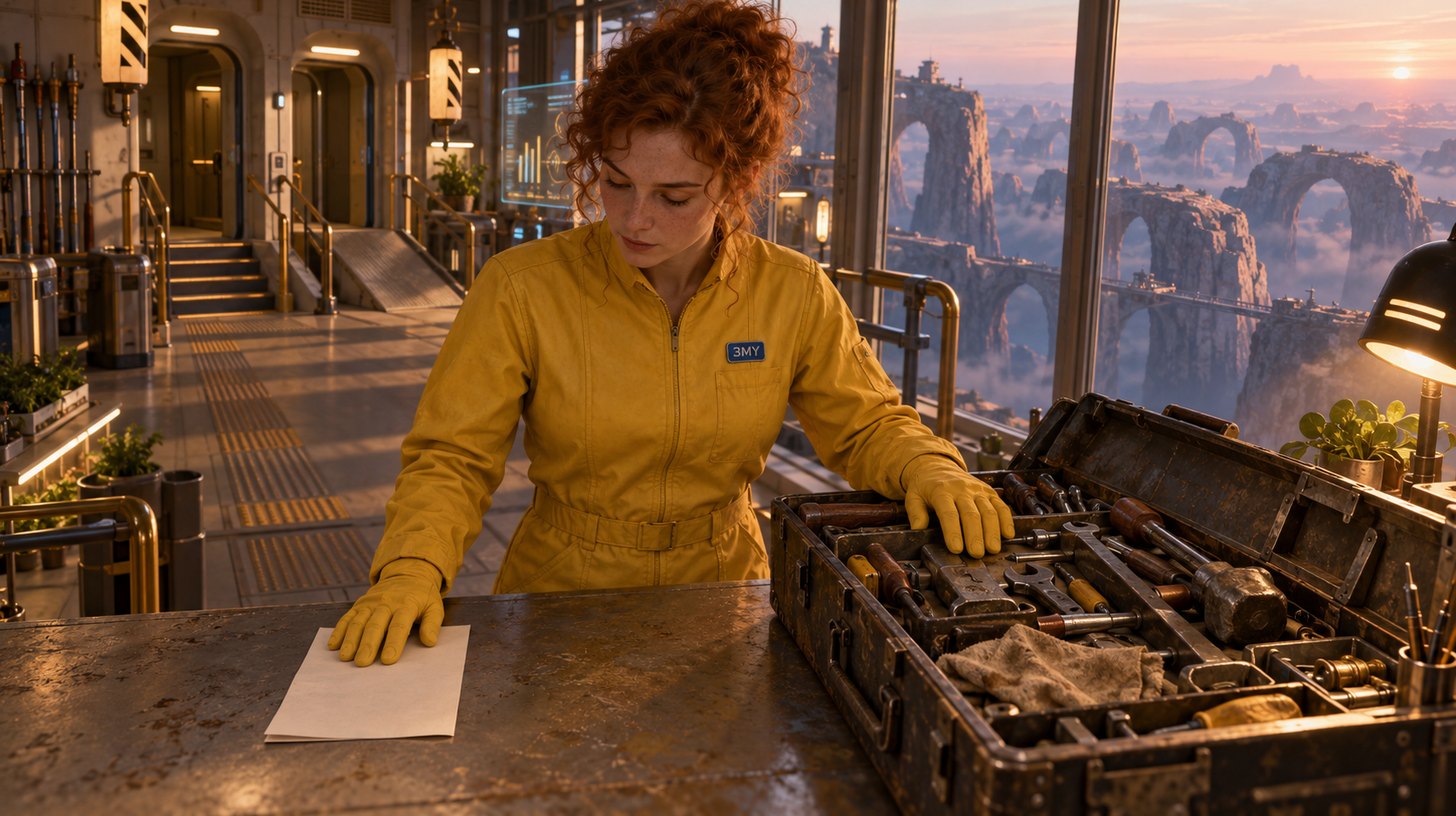 A thin folded sheet of paper next to a heavy open toolbox on a workbench, a gloved hand resting on each