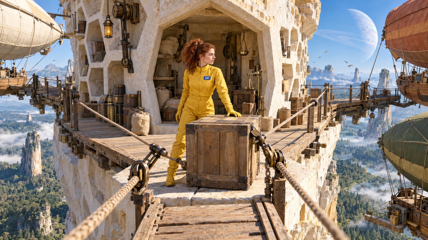 Lines from three different piers converging on one last crate