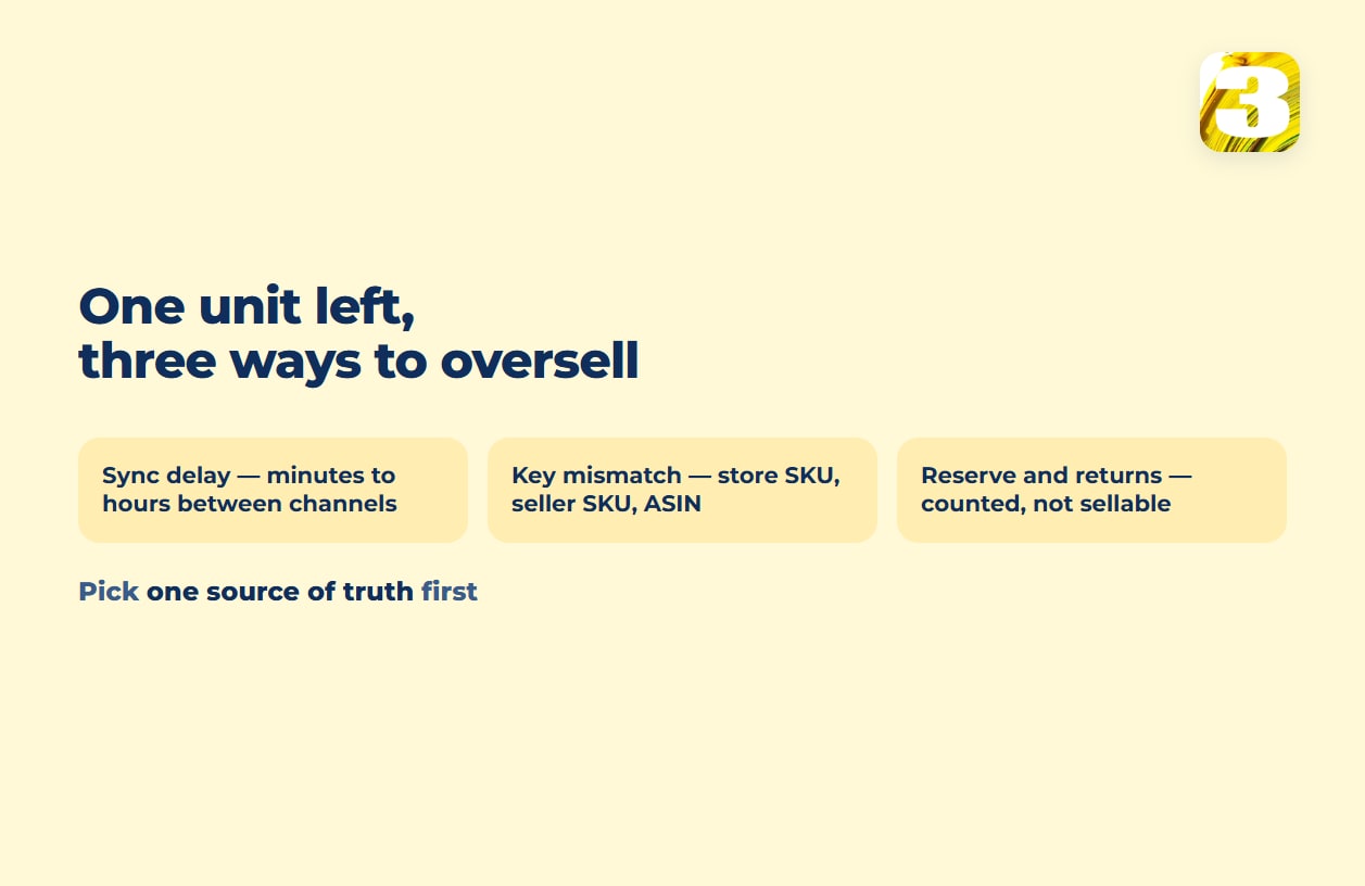 Schema: three ways to oversell the last unit — sync delay, key mismatch, reserves and returns
