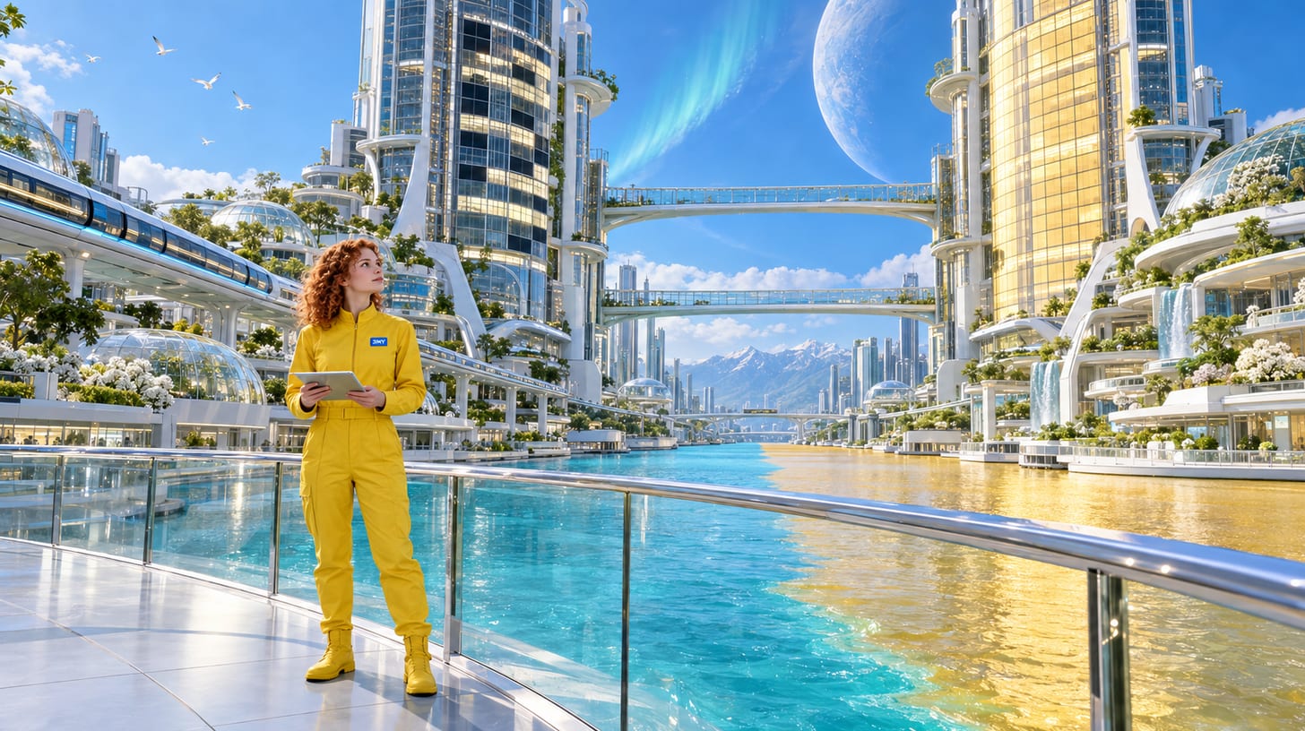 Twin glass towers across two rivers: one facade fully lit, the other still half dark, a crew member looking up at the gaps