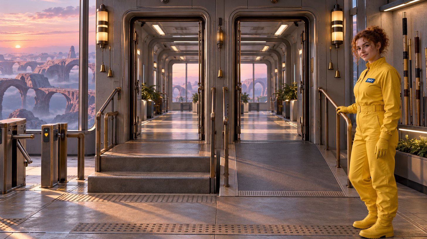 Two identical doorways side by side in the same wall: the left one reached by a tall single step, the right one by a smooth ramp