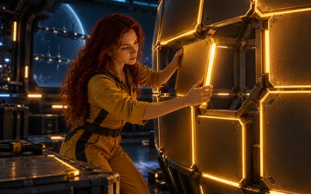 Crew member fitting the last glowing panel into a new modular structure