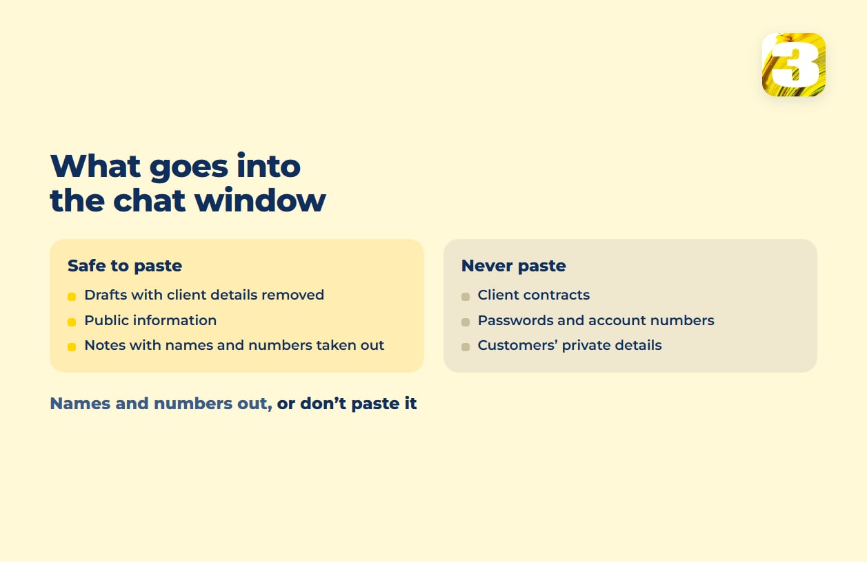 Schema: safe to paste — drafts without client details, public information, notes without names; never paste — contracts, passwords, customers’ private details