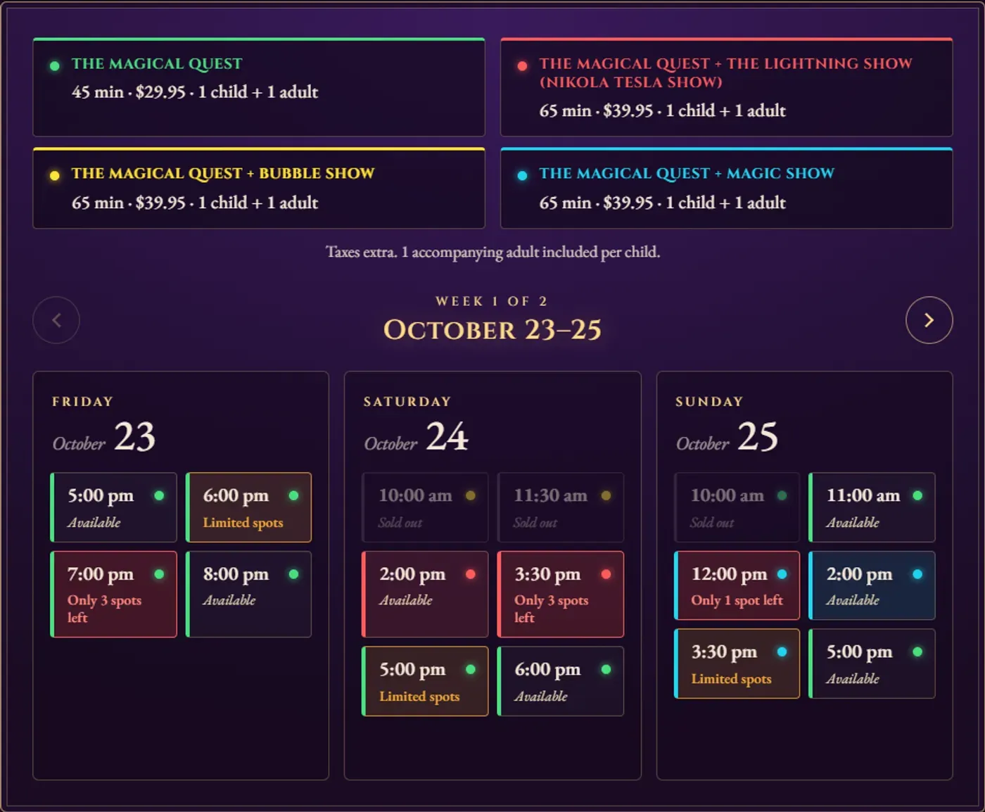 Funtoria weekly booking calendar showing available, limited and sold-out Halloween sessions