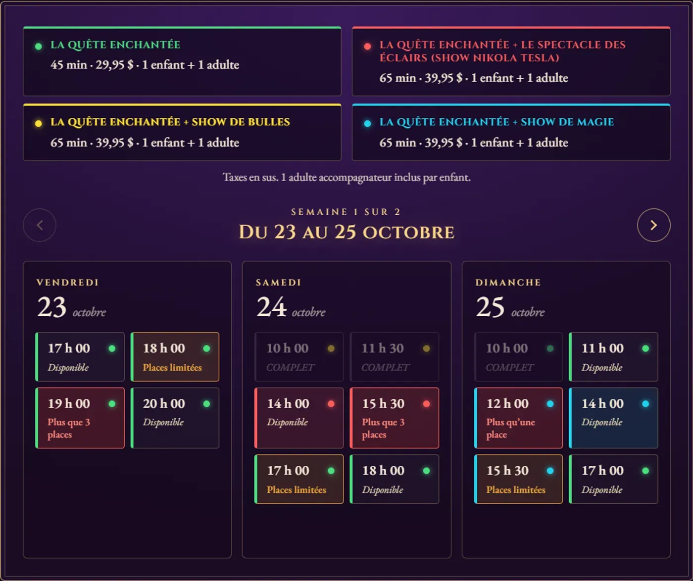 Calendrier de réservation hebdomadaire de Funtoria montrant des séances d’Halloween disponibles, presque complètes et complètes