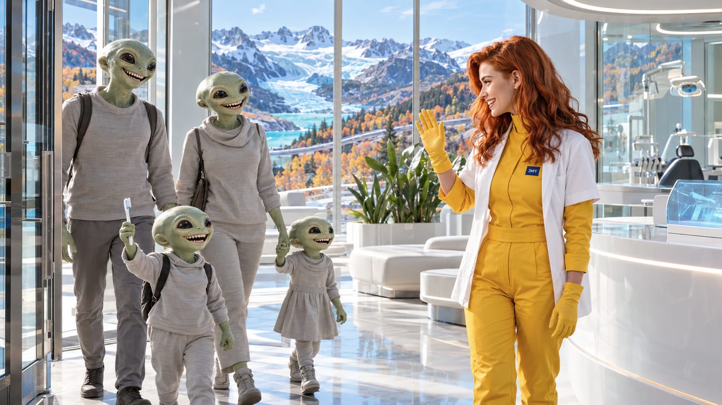 Une dentiste en combinaison jaune 3MY et sarrau blanc salue une famille souriante d’extraterrestres verts qui arrive à la clinique, un enfant brandissant une brosse à dents