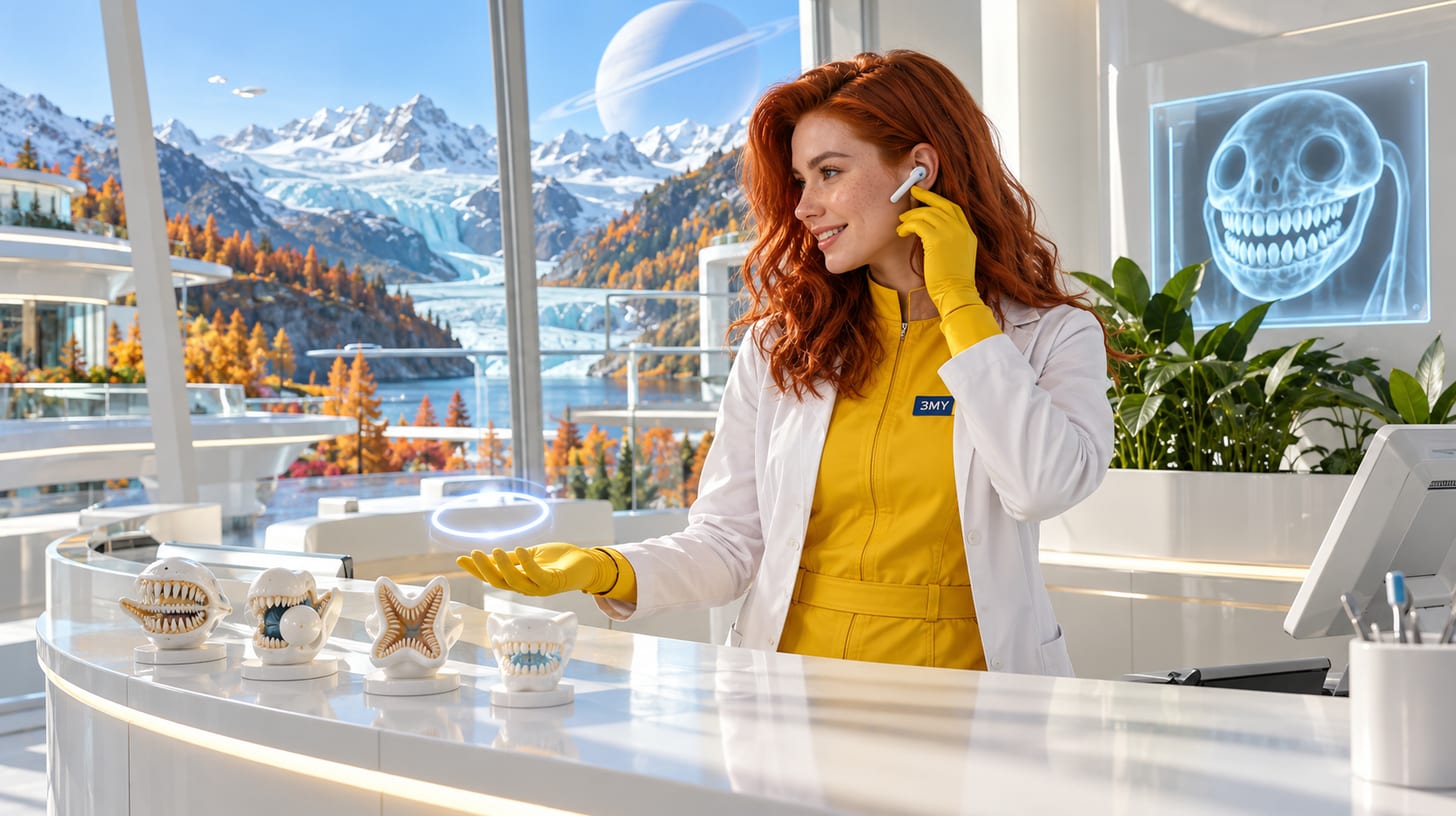 Crew member at a dental clinic reception desk wears a wireless earpiece and answers an incoming call shown as a ring of light, with funny alien jaw models on the counter