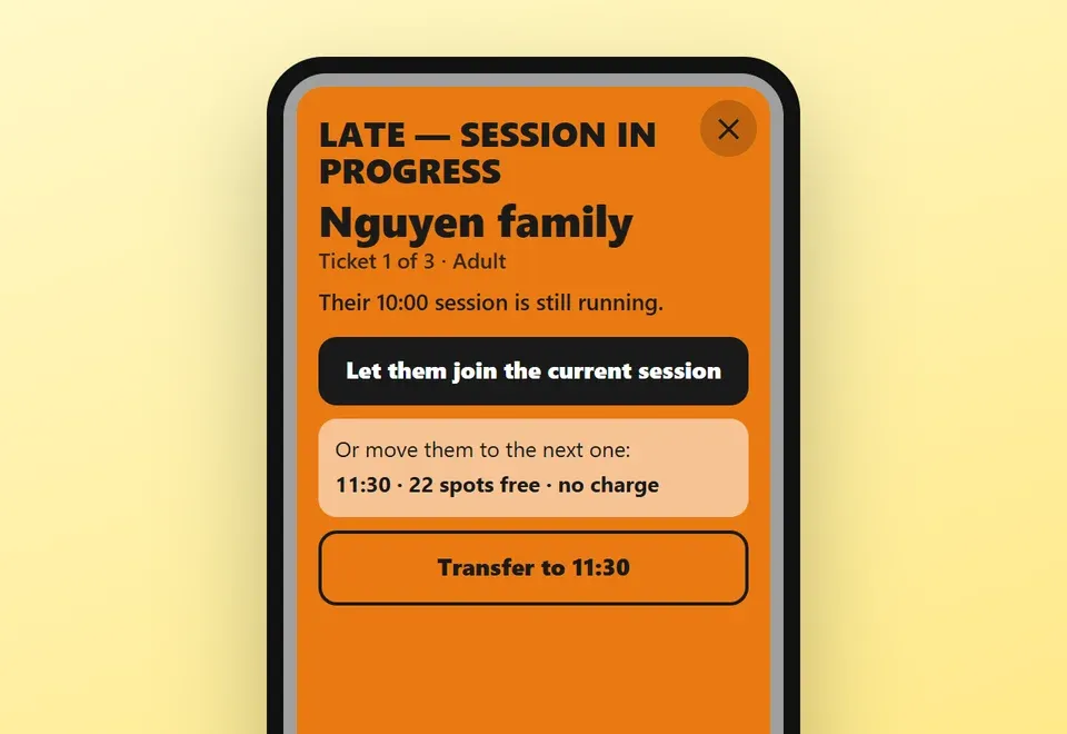 Door scanner screen: late family, session in progress, let them join or transfer to the next session