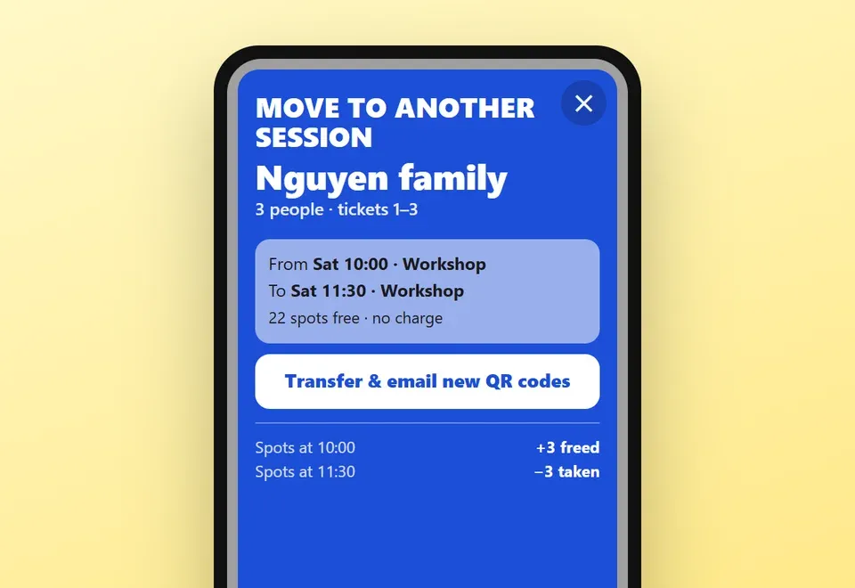 Door scanner screen: move a family to another session, seat counts update on both sessions