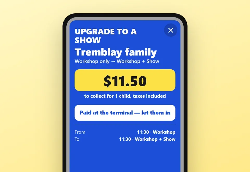 Door scanner screen: upgrade to a show with the extra payment to collect at the door