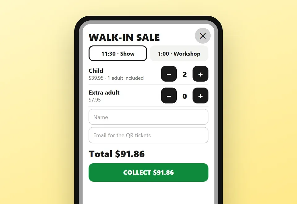Door scanner screen: walk-in ticket sale with ticket counts, email for QR tickets and total