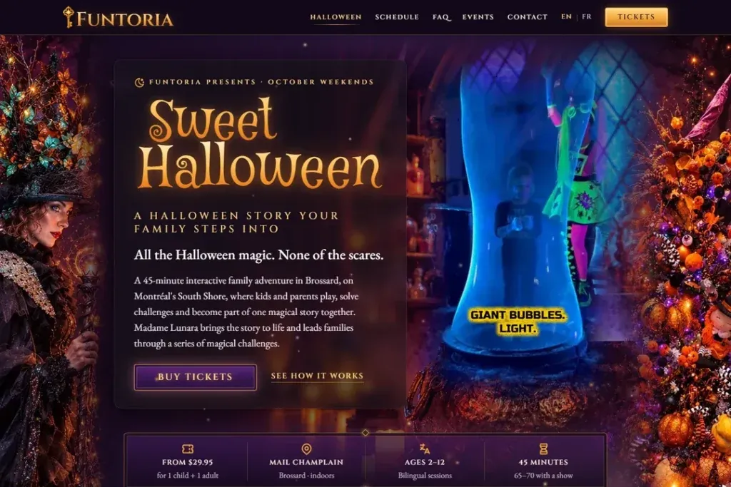 Funtoria Sweet Halloween landing page with the bubble show video in the first screen