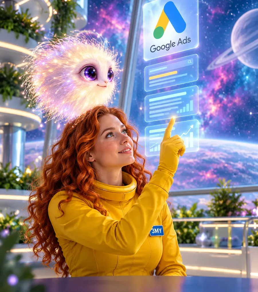 A 3MY specialist points at a Google Ads hologram with search results while a glowing fluff-cloud creature floats beside it