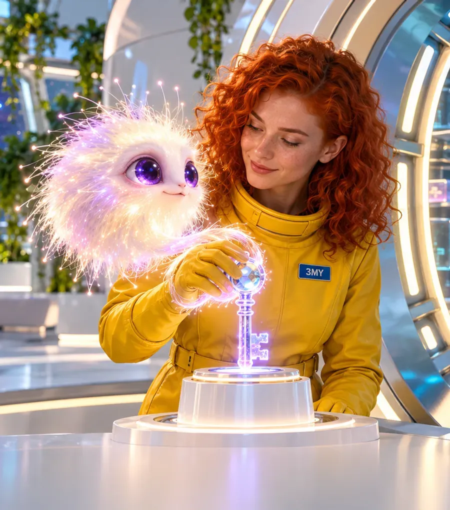 A 3MY specialist and a fluff-cloud creature turn a crystal key that opens a vault of glowing data, showing the Ad Grants account belongs to the organization
