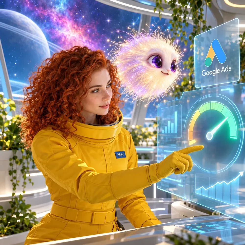 A 3MY specialist points at a green account health gauge on a Google Ads hologram while a fluff-cloud creature watches, monitoring the Google Ad Grants rules