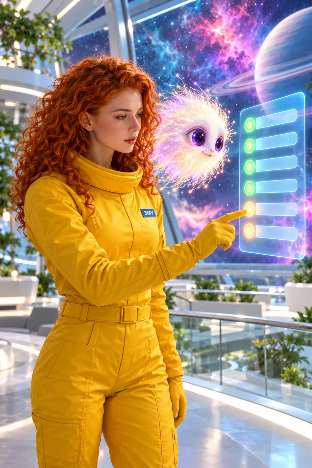 A 3MY specialist checks a holographic six-point checklist of a Google Ad Grants account with a fluff-cloud creature, four points green and two amber