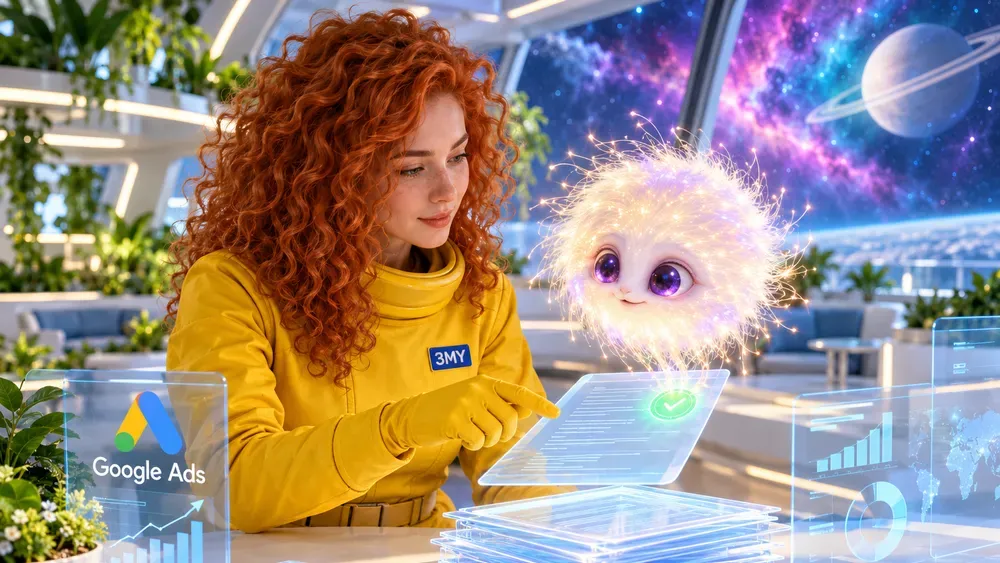 A fluff-cloud creature places a green seal on application documents during the Google Ad Grants status check