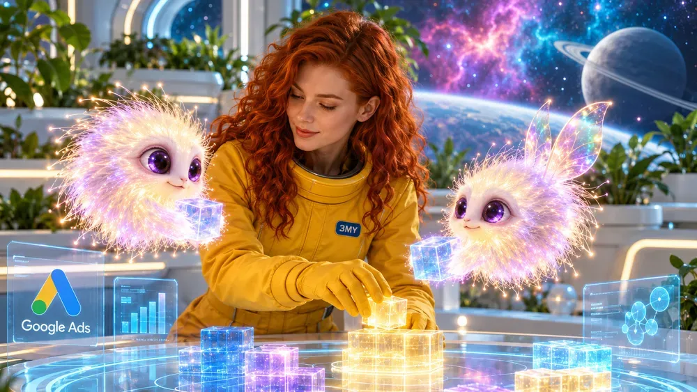 A 3MY specialist and two fluff-cloud creatures assemble glowing campaign blocks while Google reviews the application