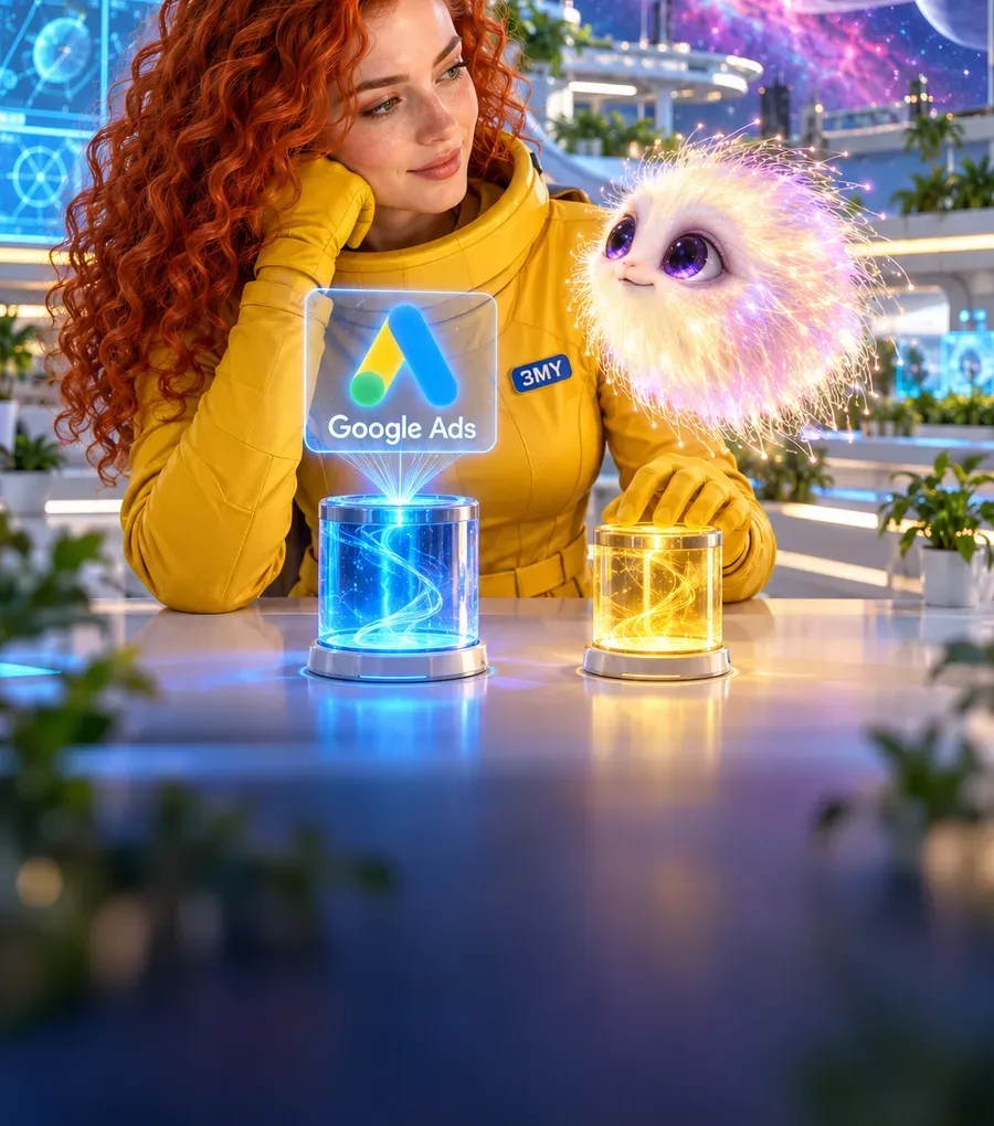 A blue container feeding a Google Ads hologram stands apart from a small yellow container, showing that the agency fee is not paid from the grant
