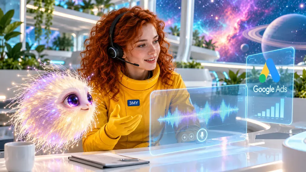 A 3MY specialist in a headset on a free call about Google Ad Grants, with a fluff-cloud creature listening