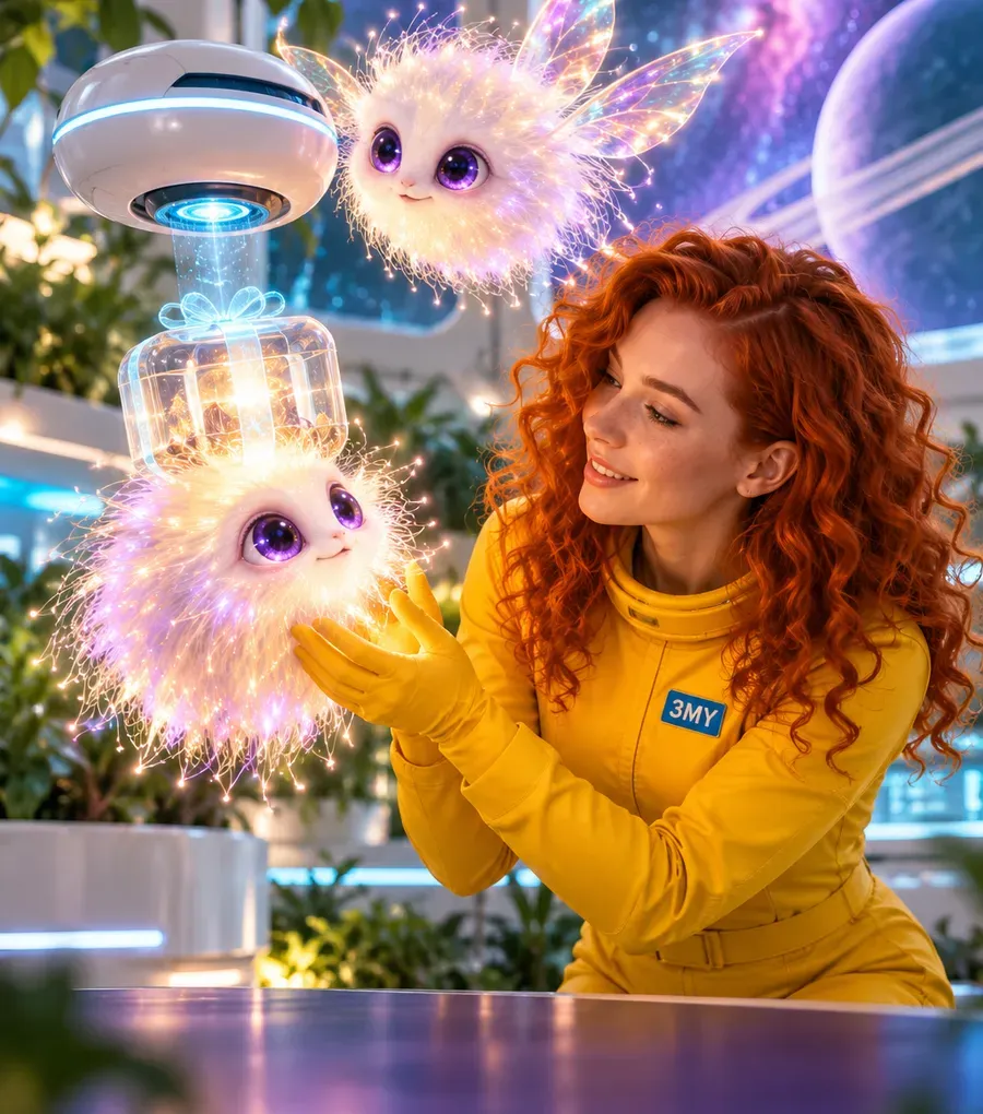 A drone delivers a glowing gift capsule to two fluff-cloud creatures, showing that nonprofits do not pay Google for Ad Grants