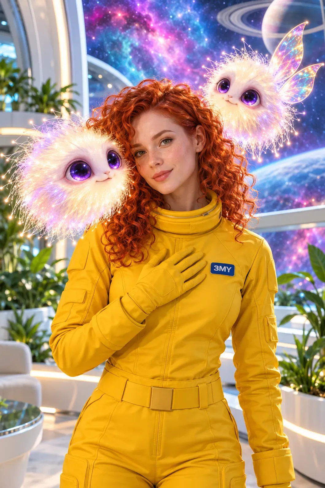 A 3MY specialist in a yellow spacesuit with her hand on her heart and two fluff-cloud creatures, an honest promise about what Google Ad Grants management can and cannot guarantee