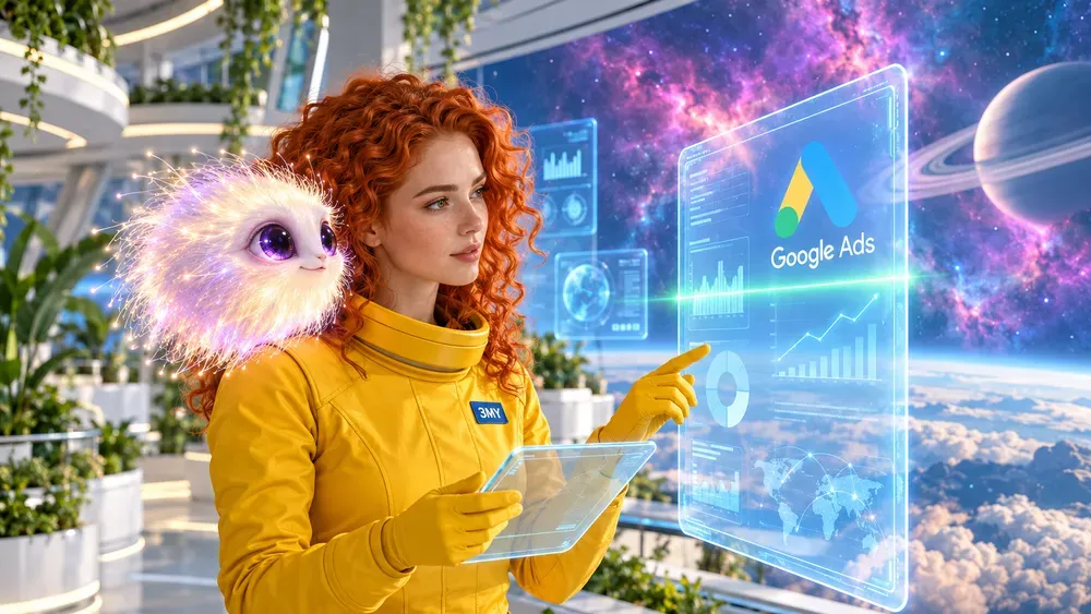 A green scanning beam passes over a Google Ads hologram during Google's review of the Ad Grants application