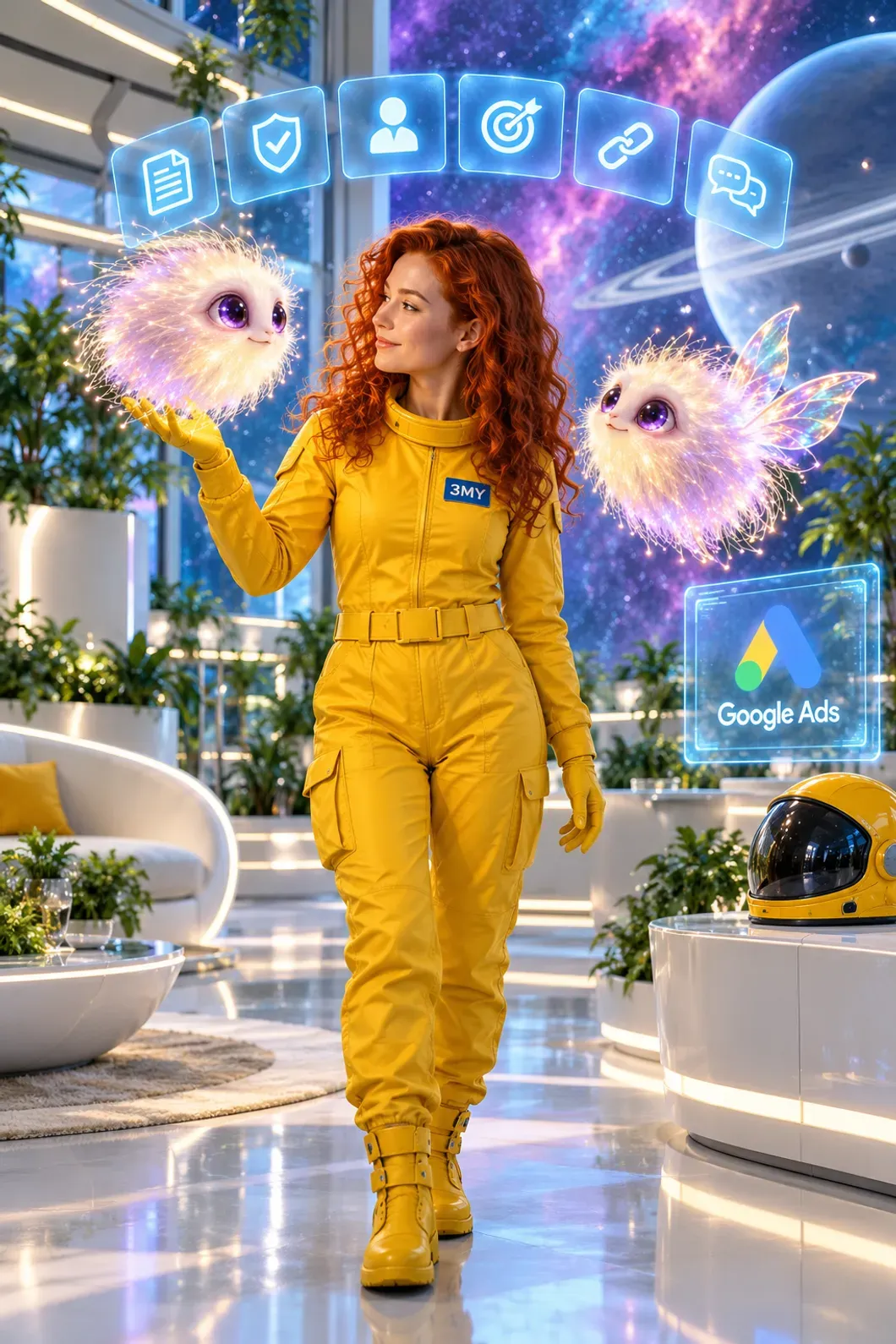 A 3MY specialist in a yellow spacesuit stands with two fluff-cloud creatures under six setup icons: application, verification, account, conversions, sitelinks and two languages