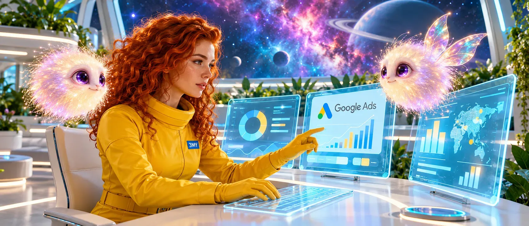 A 3MY Google Ads specialist at her workstation with Google Ads dashboards, two fluff-cloud creatures watching the campaign charts