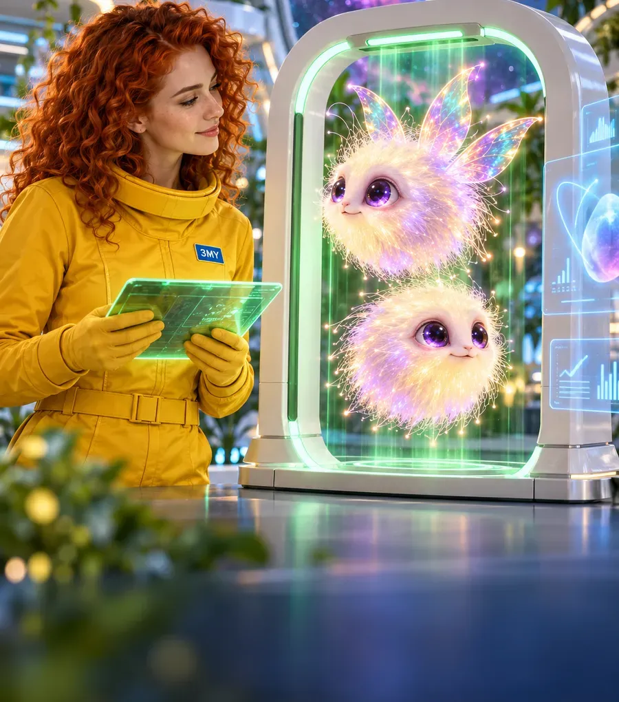Two fluff-cloud creatures pass through a green verification arch while a 3MY specialist checks the eligibility status on a tablet