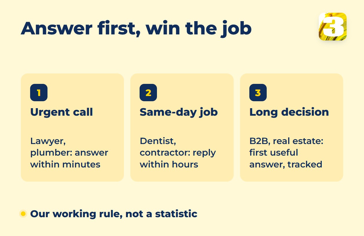 Infographic: answer first, win the job — urgent calls need an answer within minutes, same-day jobs within hours, long decisions the first useful answer