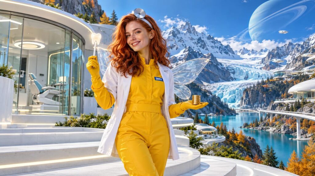 Crew member dressed as a tooth fairy dentist, in a white coat with glass wings and a head mirror, holds a wand topped with a glowing tooth and a stack of gold coins on the steps of a glass dental clinic by a glacier