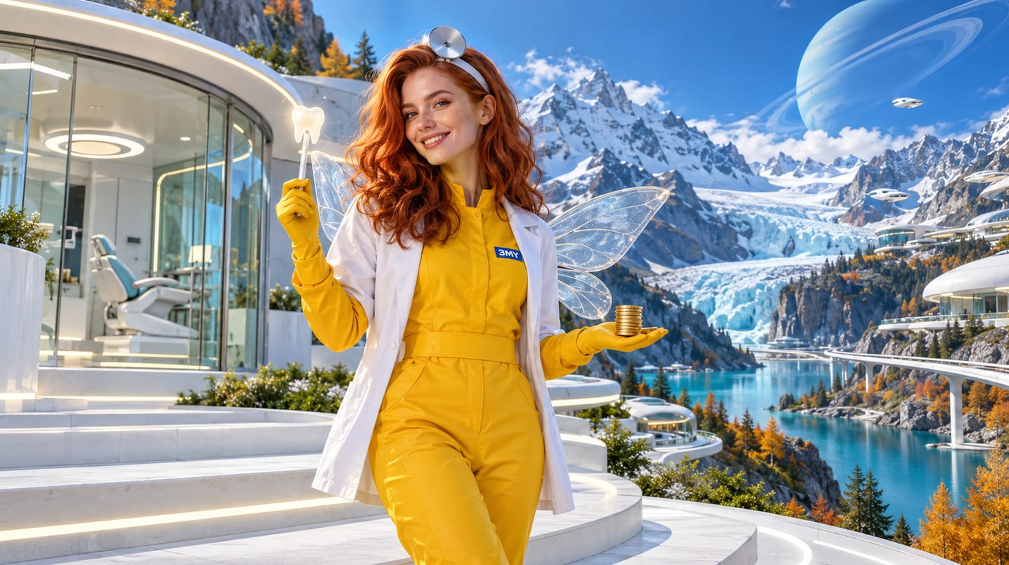 Crew member dressed as a tooth fairy dentist, in a white coat with glass wings and a head mirror, holds a wand topped with a glowing tooth and a stack of gold coins on the steps of a glass dental clinic by a glacier