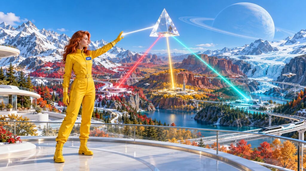 Crew member sends one beam of light through a prism that splits it into three colours, each lighting a different autumn valley