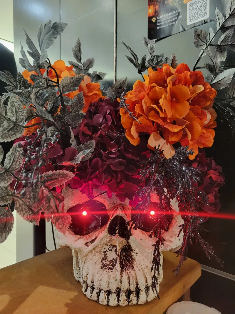 Autumn flowers and red lights in the decor