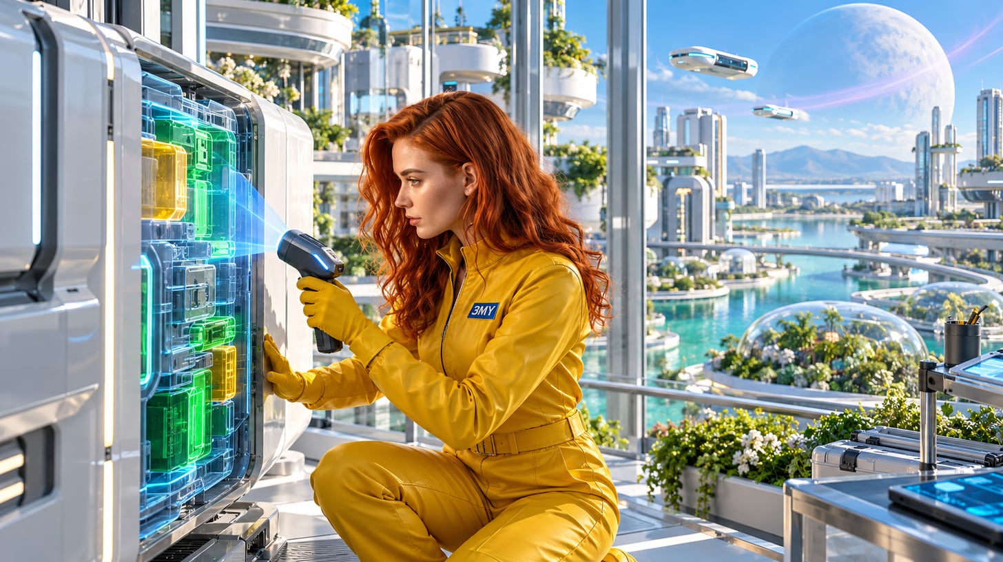 Crew member scans an existing facade module, its healthy sections glowing green and a few weak spots amber