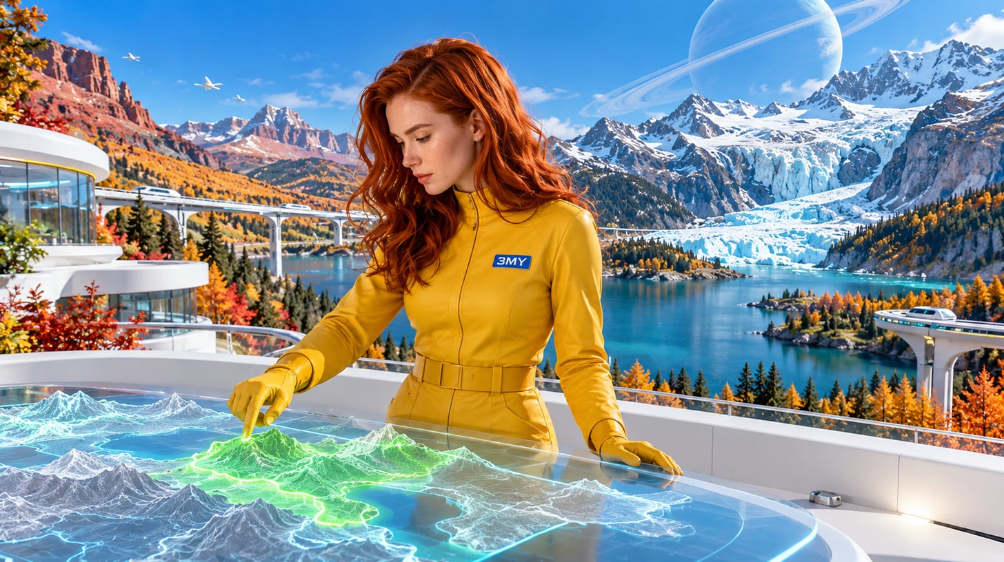 Crew member outlines a service area on a holographic map: nearby valleys glow green, far ones are dimmed