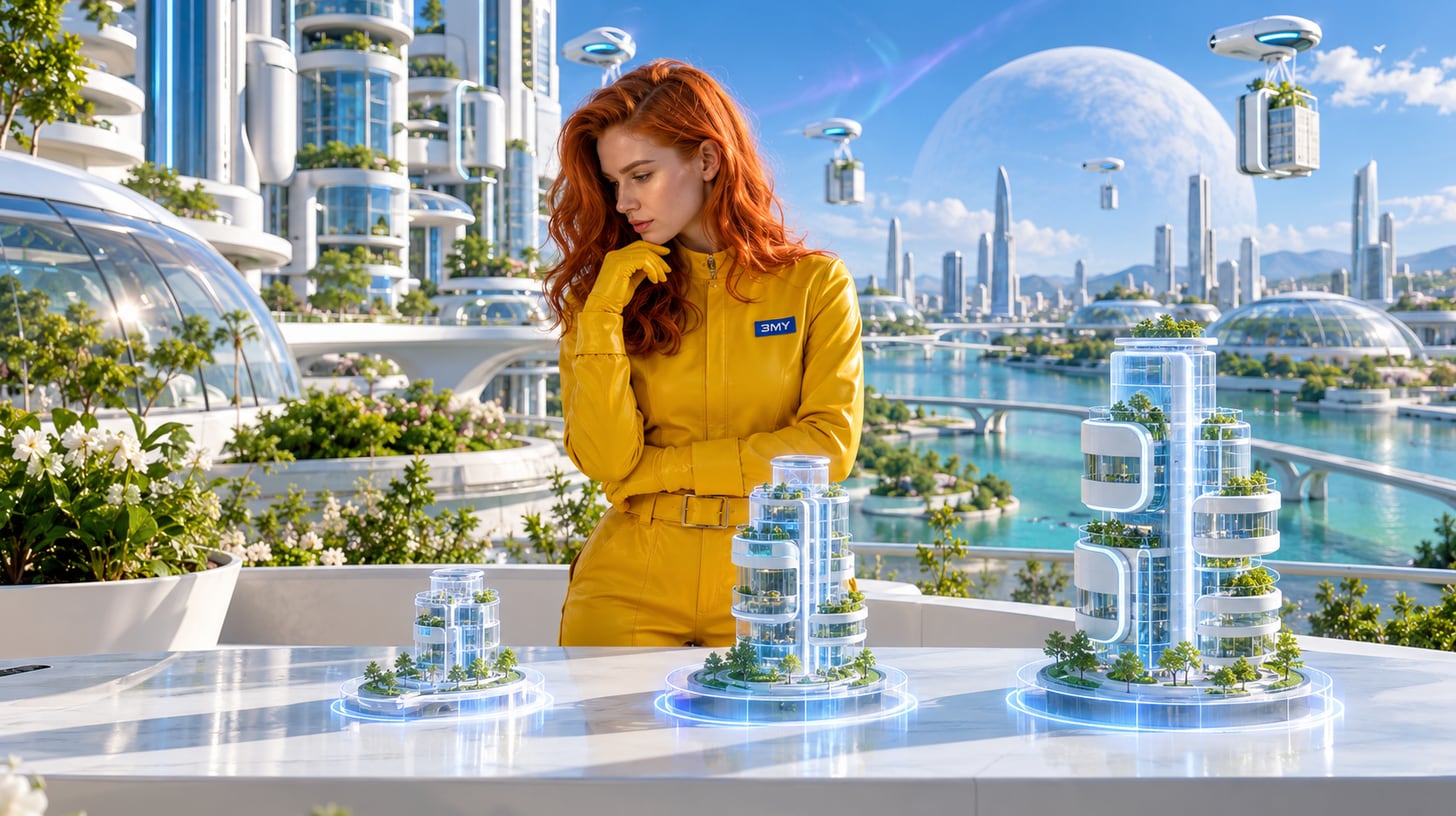 Trois maquettes holographiques du même bâtiment, en petite, moyenne et grande taille, sur une table en terrasse