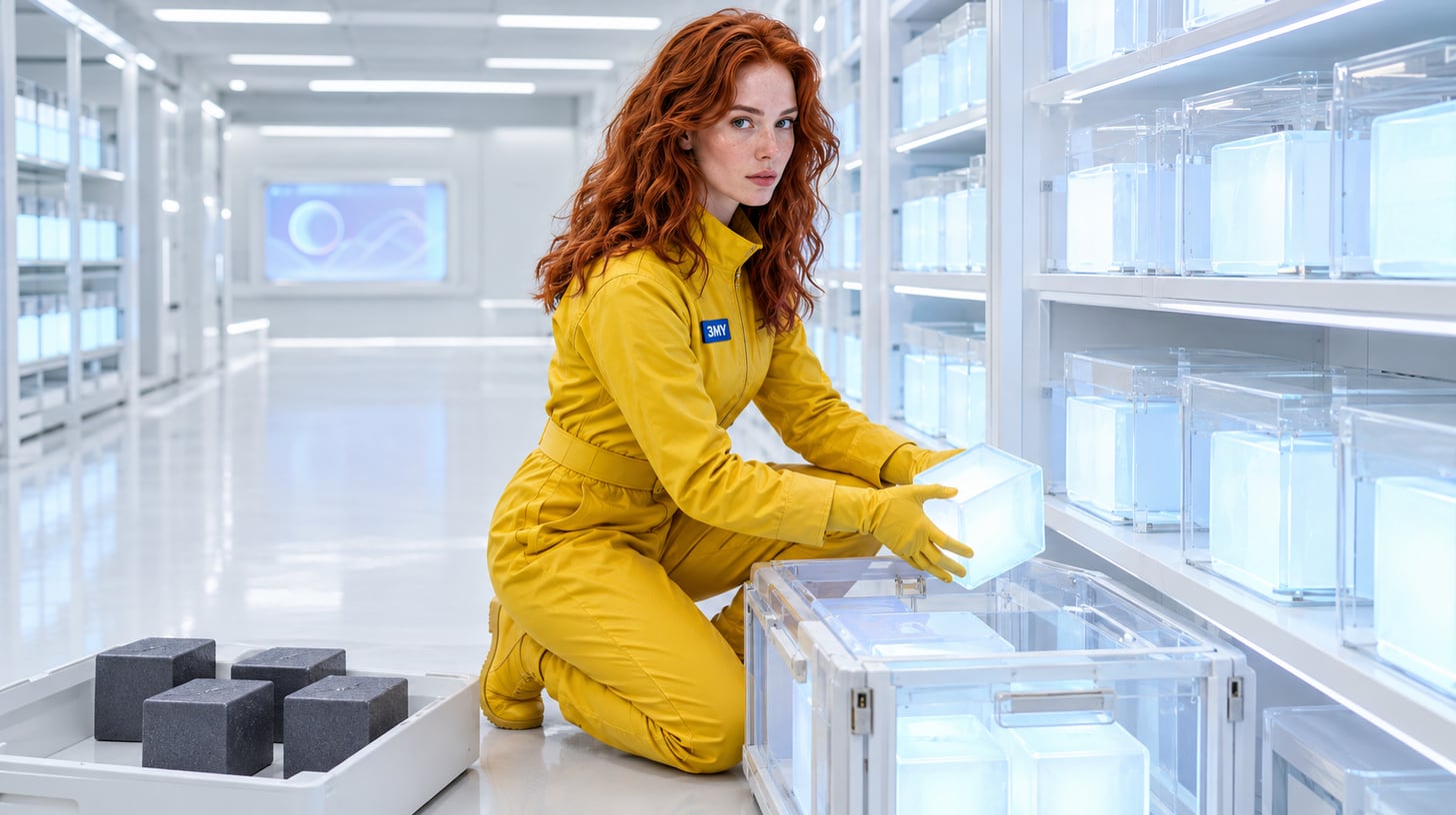 Crew member unpacks glowing content cubes onto new shelves, setting aside the few that did not come across