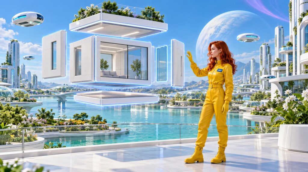 Crew member studies a house module floating apart into its roof, walls, windows and floor above a lagoon city