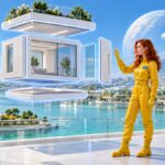Crew member studies a house module floating apart into its roof, walls, windows and floor above a lagoon city
