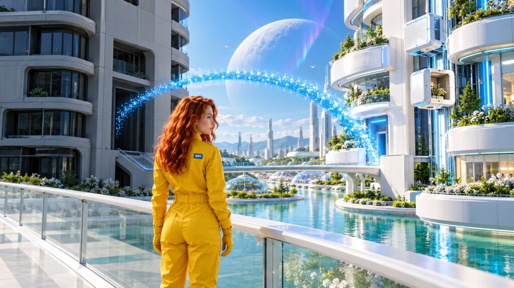 An unbroken arc of blue light carries visitors from a switched-off tower to its lit, renewed neighbour as a crew member watches from a skybridge